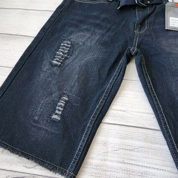 Men's Distressed Dark Blue Wash Denim Shorts Skinny Fit - Picture 3 of 11